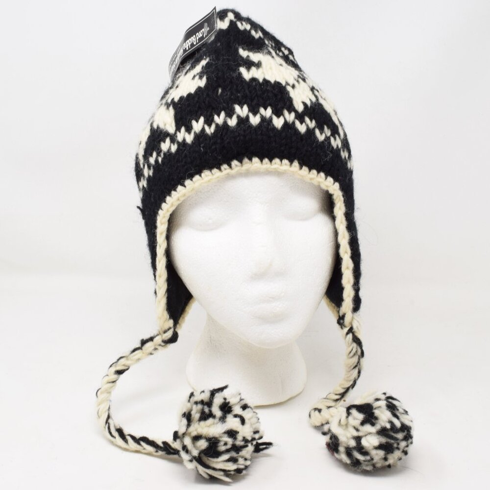 Nepal Beanie Knit Wool Women Hat Snowflake Pom Chin Tie Ear Flap Trapper Lined